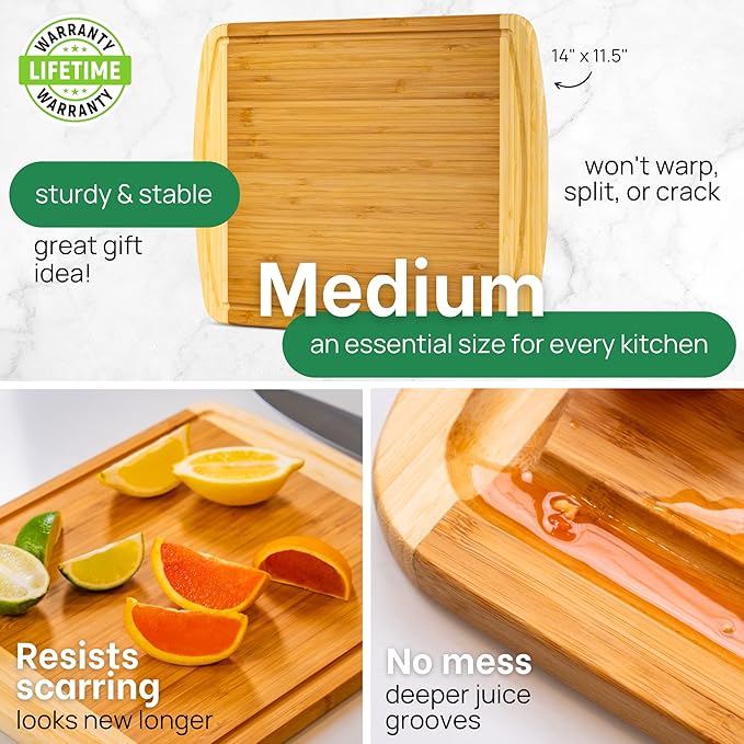 GREENER CHEF 15 Inch Medium Cutting Board with Lifetime Replacements, Bamboo Cutting Boards for Kitchen, Butcher Block, Medium Wooden Chopping Board for Meat, Veggies, Non Toxic Charcuterie Board