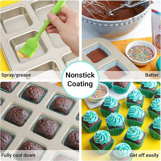 Beasea Brownie Pan with Dividers, 2 Set Gold All Edges Square Cupcake Brownie Pans 12 Mini Cavity Non Stick Baking Carbon Steel Bread Mold Small Edge 3x4 Individual Cutter Sheet Tray for Cake Oven