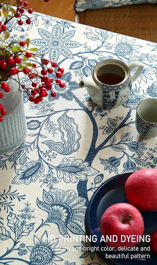 ISAENNE Designer French Linen Long Rectangle Tablecloth,Blue Floral Washable Indoor Table Cloth,Durable Home Decor Tablecloths for Dining Thanksgiving Kitchen Party Christmas,63"*102"-Ruyi B
