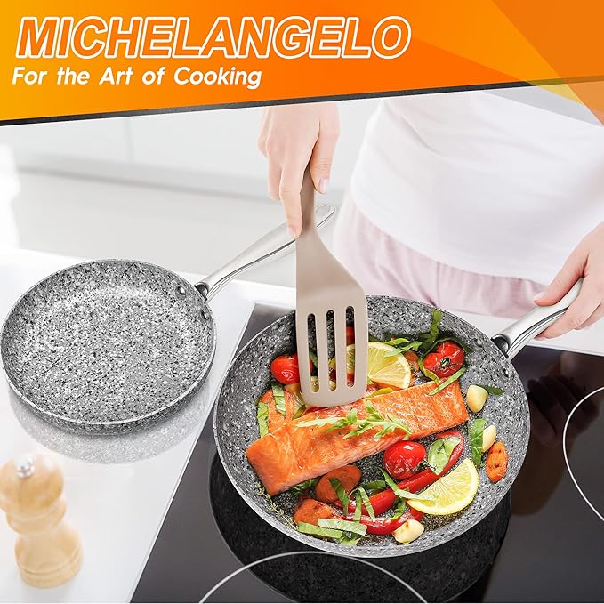 MICHELANGELO Frying Pan Set with Lid, 8" & 10" Granite Frying Pan Set with 100% APEO & PFOA-Free Stone Non Stick Coating, Granite Skillet Set with Lid, Nonstick Frying Pans 2 Piece - 8"+10"