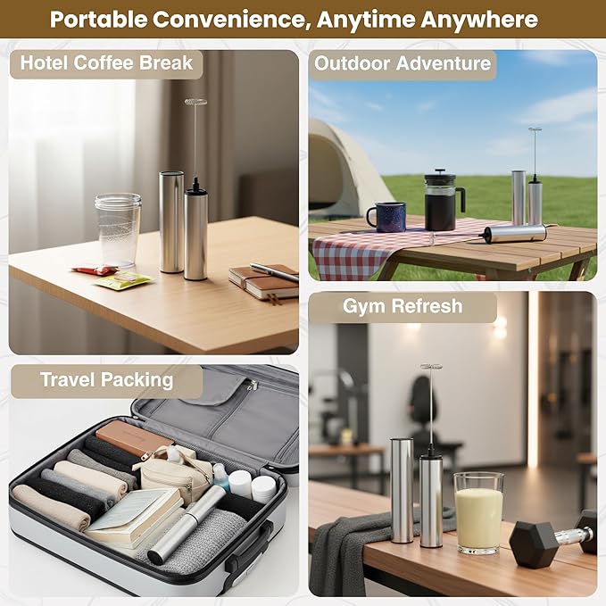 Rechargeable Milk Frother Handheld Electric Frother Wand Milk Foamer Drink Mixer for Coffee, Lattes, Cappuccino, and Egg, Stainless Steel for Travel-Silver