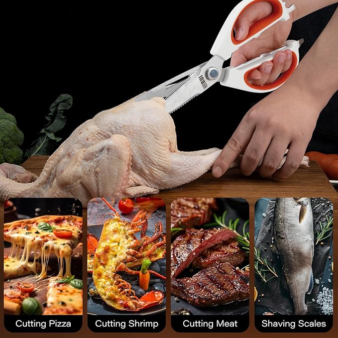 Kitchen Scissors with Magnetic Holder Heavy Duty Magnetic Scissors for Fridge, Cooking Shears Come Apart Kitchen Shears Magnet Sheath Set for Food Meat Pizza Herb Vegetables, Orange