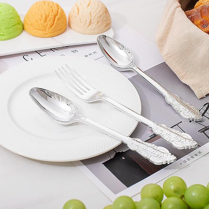 BUCLA 200PCS Silver Plastic Forks and Spoons - Plastic Silverware Baroque - Disposable Silverware Heavy Duty - 100PCS Silver Forks and 100PCS Spoons for Weddings, Christmas and Party