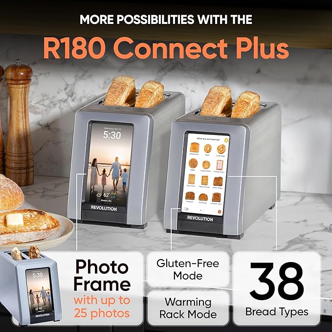 Revolution R180 Connect Plus Smart Toaster with Touchscreen (Bundle with Toastie Press & Warming Rack) Choose from 40+ Bread Types, 7 Browning Levels, & Toastie Press Mode