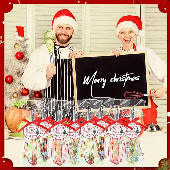 12 Sets 8 Inch Christmas Whisks Gifts DIY Fillable Christmas Tree Ornaments Xmas Colored Silicone Whisks for Cooking Heat Resistant Egg Beaters with Card Rope Bag for Candy Holder