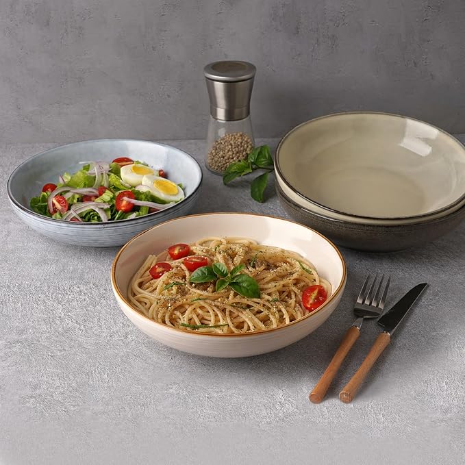 famiware Tempus Pasta Bowls Set of 4, 40 oz Bowls for Kitchen, Stoneware Deep Serving Bowls, Dishwasher & Microwave Safe Bowls for Cereal, Salad, Soup, Dessert etc - Dark Olive