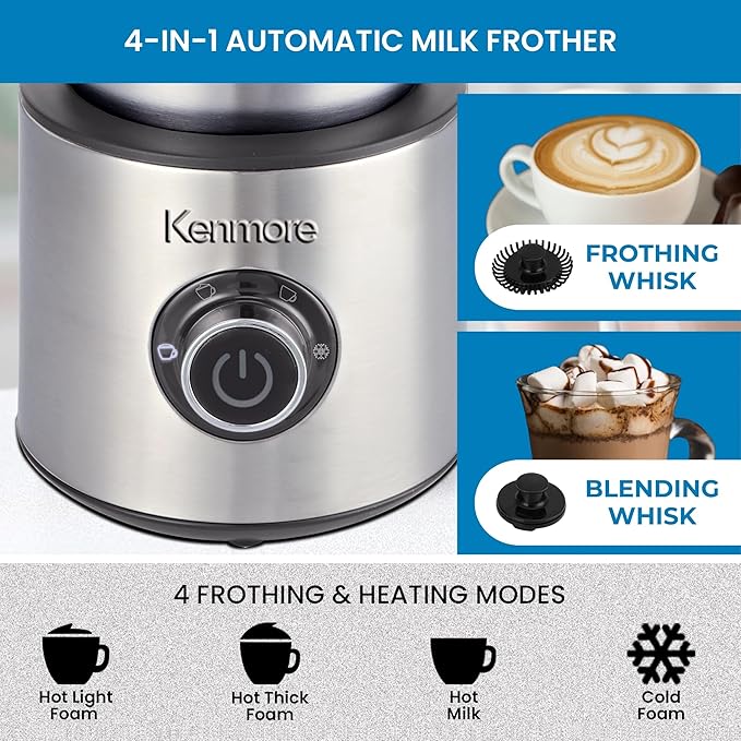 Kenmore Electric Milk Frother- Hot & Cold Milk Steamer and Foam Maker for Coffee, Lattes, Cappuccino, Portable Milk Heater and Foamer for Espresso, Home Brewing, Automatic Milk Steamer