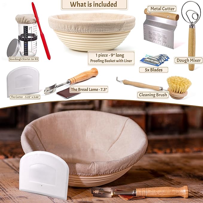 Sourdough Bread Baking Supplies Starter Kit, Banneton Proofing Basket 9'' Round, Sourdough Starter Jar, Scraper, Scoring Lame, Brush, Short Danish Whisk, Gift Set
