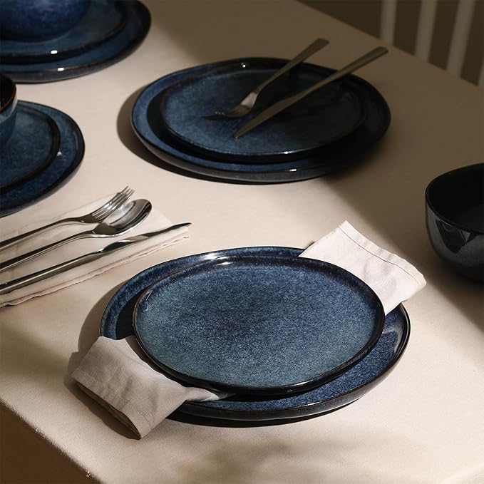 Stone Lain Mirella 12-Piece Stoneware Dinnerware Set, Service for 4, Reactive Glaze, Deep Blue – Includes Dinner Plates, Salad Plates, and Bowls – Modern Artisanal Design
