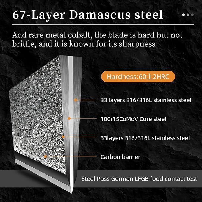 16-Piece Damascus Knife Set with Block - VG10 67-Layer Steel, Razor Sharp, Triple-Rivet Handles, 6 Steak Knives, Meat Fork, Sharpener & Scissors, Black