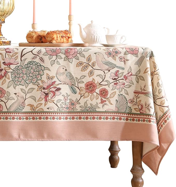 patdrea Designer Pink Linen Table Cloth for Rectangle Table,Vintage Floral with Birds Pattern Decorative Tablcloth,French Table Cover for Kitchen Dining,Thanksgiving,Christmas,63"x102"-Kulom a
