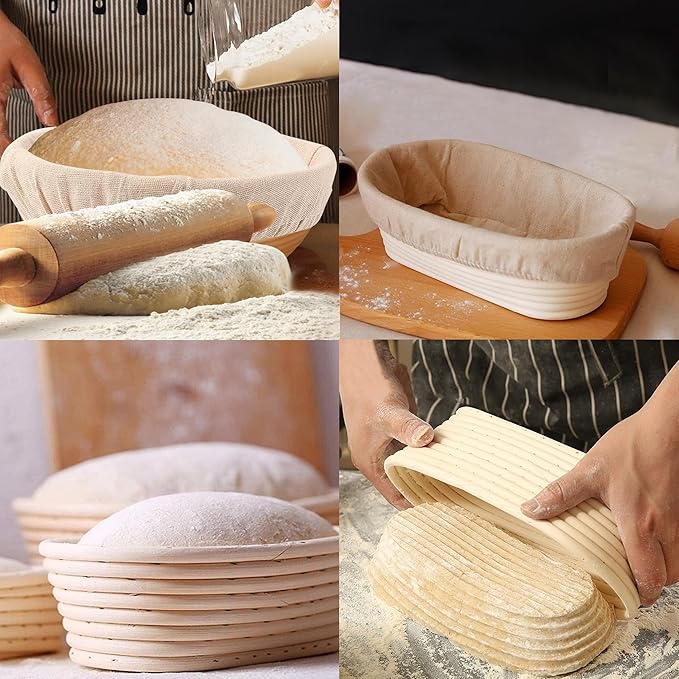 Sourdough Bread Baking Supplies, 2 Pack Banneton Bread Proofing Basket 10 inch Round & 10 inch Oval Proofing Bowls for Sourdough Bread with Liner Making Baking Fermentation Tools