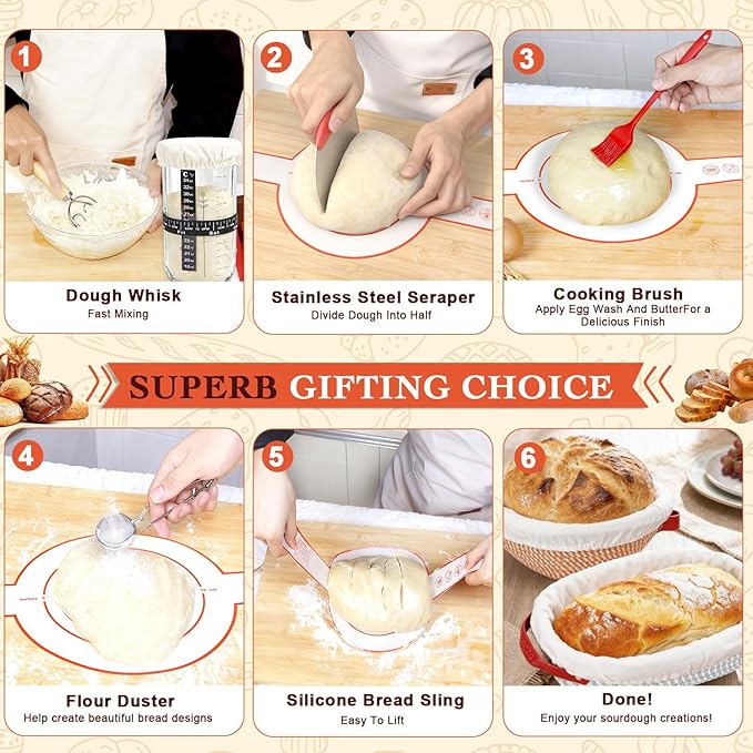 Sourdough Starter Kit,Banneton Bread Proofing Basket with Liner,Woven Bread Proofing Basket for artisan sourdough bread making,Sour Dough Bread Making Tools,Gifts for Bakers,Women,Mom,Wife