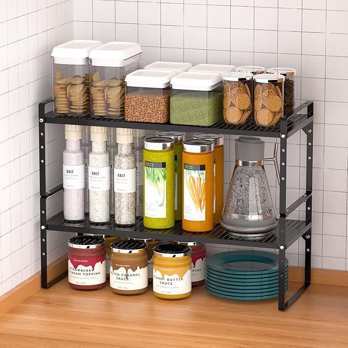 iPEGTOP 3 Pack Large Expandable Cabinet Storage Shelf, Heavy Duty Stackable Steel Metal Spice Rack Adjustable Height Home Office Pantry Garage Shelves for Counter Kitchen Organization, Black