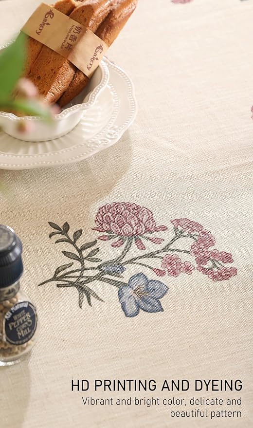 ISAENNE Designer Linen Light Beige Extra Long Table Cloth Rectangle,French Colorful Floral Tablecloth,Stain Resistant Decor Tablecloths for Dining Thanksgiving Kitchen,67"*118"-Helena E