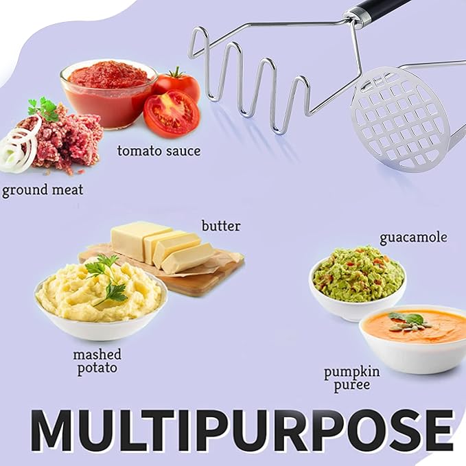 2PCS Potato Masher, OLULU Heavy Duty Stainless Steel Mashed Potatoes Masher, Masher Kitchen Tool for Avocado, Potatoes, Beans, Meat, Vegetables, 10.24inch, Dishwasher Safe