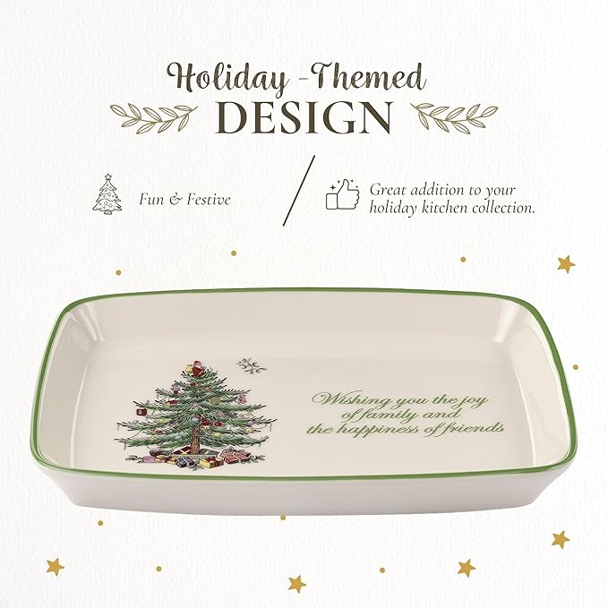 Spode Christmas Tree Rectangular Sentiment Tray (7" x 5") - Festive Earthenware Serving Plate for Holiday Snacks, Side Dishes, Treats, Durable Christmas Tableware - Microwave & Dishwasher Safe