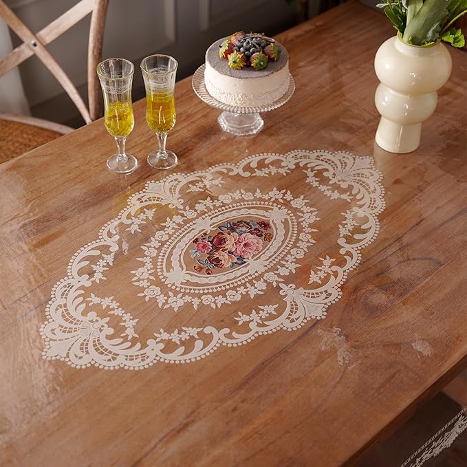 Clear Table Cover Protector Rectangle Vinyl Table Cloth Waterproof Oil Spill Proof Wipe Clean Lace Plastic Tablecloths for Dining Tables (French Lace, 60 x 84 Inches)