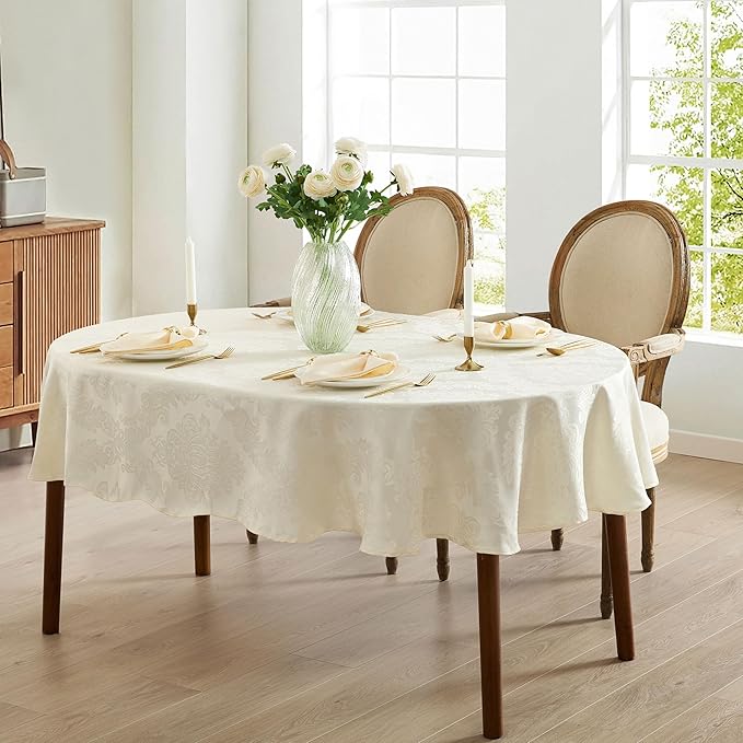 Newbridge Barcelona Luxury Damask Fabric Tablecloth, 60” Wide x 120” Oval, Antique White, 100% Polyester, No Iron, Soil Resistant Dining Room, Party and Banquet Table Cover