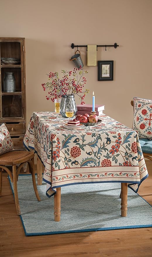patdrea Designer Vintage Linen Extra Long Tablecloth for Rectangle Table,French Soft Floral Tablecloths,Colorful Table Cover for Kitchen Dining,Parties,Christmas,Thanksgiving,Party,67"x118"-Puno