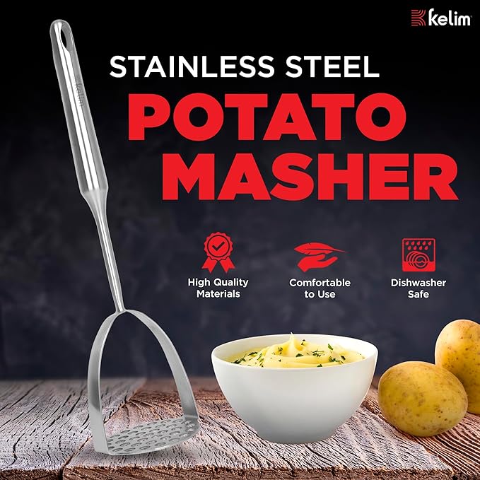 Potato Masher Cooking Utensil, Stainless Steel - One Piece, Dishwasher Safe - Heavy Duty Masher Kitchen Tool for Beans, Avocado, and More