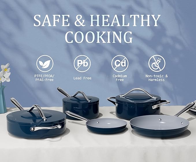 Ceramic Cookware Set Nonstick Pots and Pans Set with Lid PFAS-Free Non Toxic Cookware Set with Advanced G7 Ceramic Coating, Oven Safe Up To 500°F, Quick & Even Heat Distribution, Navy Blue