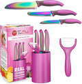 5-Piece Kids Knife Set for Real Cooking | Stainless Steel Chef, Paring & Serrated Knives with Peeler & Holder | Safe Junior Chef Cooking Set for Kids (5 pcs, Pink)