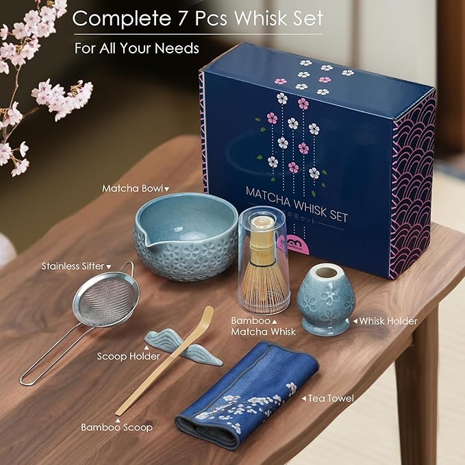7Pcs Matcha Whisk Set, Ceramic Matcha Bowl with Spout,Bamboo Whisk and Holder, Bamboo Scoop,Scoop Rest,Sifter and Tea Towel,Matcha Kit w/Cherry Blossom Carved Pattern (Blue)
