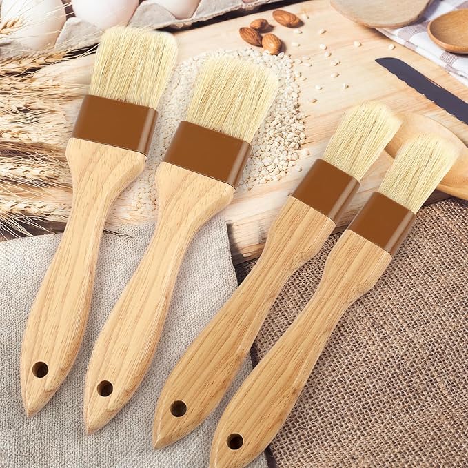 4 Pcs Natural Bristle Pastry Brush, Beech Wooden Handle Basting and BBQ Brushes for Cooking, Butter, Oil, Marinade, Grilling & Baking, Kitchen Food Brush (1 inch & 1.5 inch)