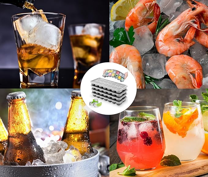 Silicone Ice Cube Tray, 8 Pack Easy-Release & Flexible 14-Ice Cube Trays with Spill-Resistant Removable Lid, Stackable Ice Trays with Covers for Freezer, Cocktail (4 Black+ 4 Grey)