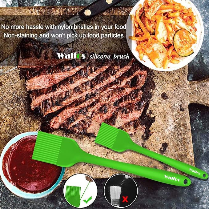 Walfos Silicone Basting Pastry Brush, Heat Resistant Pastry Brush Set, Strong Steel Core and One-Pieces Design, Perfect for BBQ Grill Baking Kitchen Cooking,BPA Free and Dishwasher Safe,2Pcs (green)