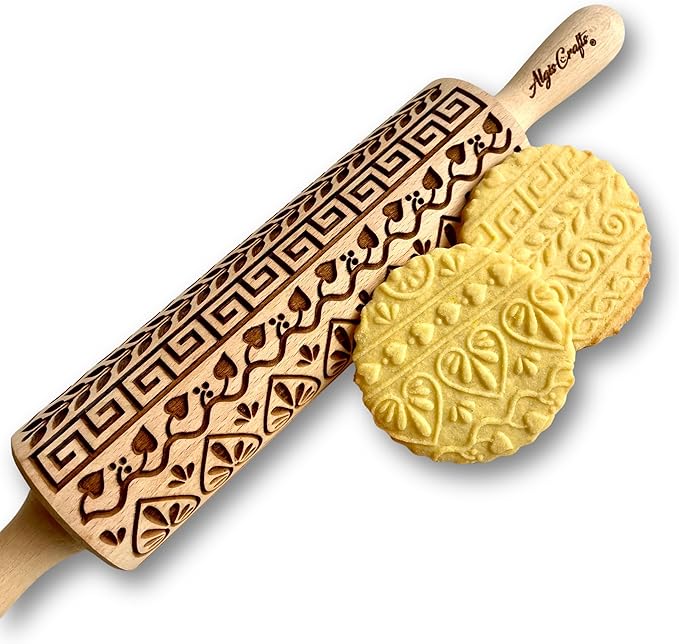 GREEK Embossing Rolling Pin. Laser Engraved Dough Roller with Cgreek Pattern for Embossed Cookies or Pottery by Algis Crafts