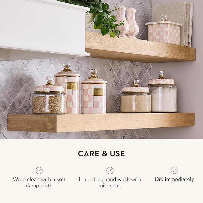 MACKENZIE-CHILDS Rosy Check Kitchen Canister, Decorative Pink-and-White Glass Storage Jar with Lid, Small