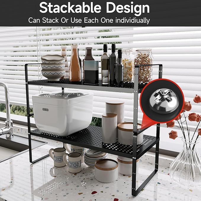 Expandable Cabinet Shelf Organizers, Stackable Metal Shelves Extender for Kitchen Countertop Storage, Adjustable Spices Shelves Rack Stand for Cupboard Pantry, Black