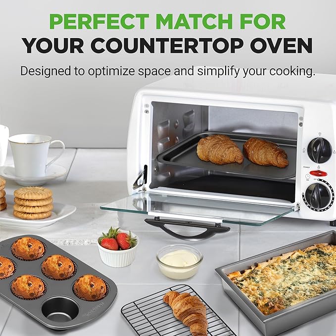 NutriChef 6-Piece Toaster Oven Bakeware Set, Compact Non-Stick Stackable Baking Pan Set with Muffin Pans, Roasting Tray & Baking Sheets, Durable Stain-Resistant Carbon Steel Design for Toaster Ovens