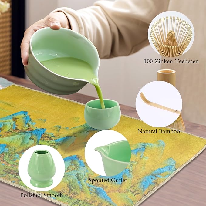 9 Pcs Matcha Whisk Set 18OZ Japanese Matcha Tea Set Includes Matcha Bowl with Spout,Cups,Bamboo Whisk,Ceramic Chasen Holder,Tea Towel, Bamboo Scoop and Sifter Matcha Kit Gift for Ceremony Christmas