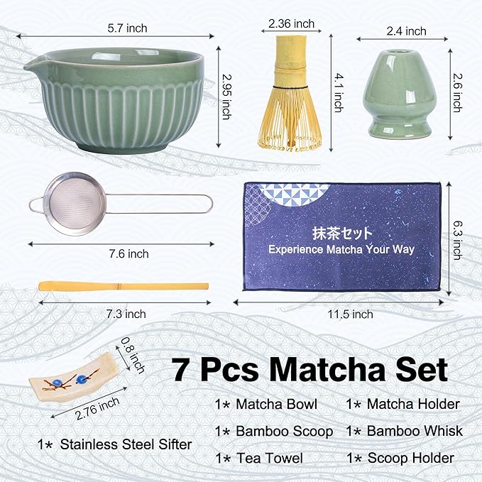 Matcha Whisk Set, Matcha Starter Kit for Tea Ceremony, Ceramic Matcha Bowl with Spout, Bamboo Whisk, Scoop, Ceramic Holders, Stainless Sifter, Towel, 7pcs Japanese Tea Making Tools (Green)