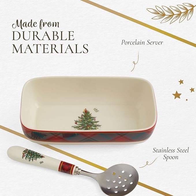 Spode Christmas Tree Tartan Cranberry Sauce Serving Dish with Slotted Spoon (8"x 4.25") - Rectangular Holiday Server with Plaid Border - Dishwasher, Microwave, Freezer Safe Serveware for Entertaining
