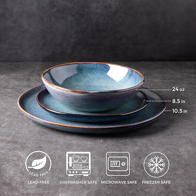 AmorArc Ceramic Dinnerware Sets,Handmade Reactive Glaze Stoneware Plates and Bowls Set,Highly Scratch Resistant | Dishwasher & Microwave Safe,Service for 4 Dishes Set - Reactive Blue(12pc)