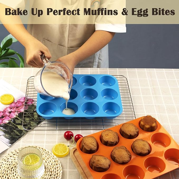 12 Cups Silicone Mini Muffin Pan Set, Nonstick Mini Cupcake Pans, BPA Free Small Muffin Tin for Baking, Set of 2 (Blue+Orange)