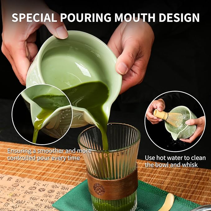 Matcha Bowl and Whisk Set, Ceramic Matcha Set Includes Matcha Bowl with Spout, Whisk & Holder, Bamboo Scoop, Stainless Sifter, Towel, Matcha Kit Making Tools,Light Green,7 PCS