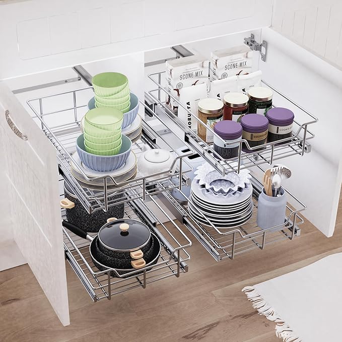 Pull Out Cabinet Organizer 11" W X 17" D, Slide Out Drawers For Kitchen Organizers and Storage, Pull Out Drawers For Cabinets Capacity Heavy Duty Caddy, Cabinet Shelves Chrome-Plated, Bathroom Pantry