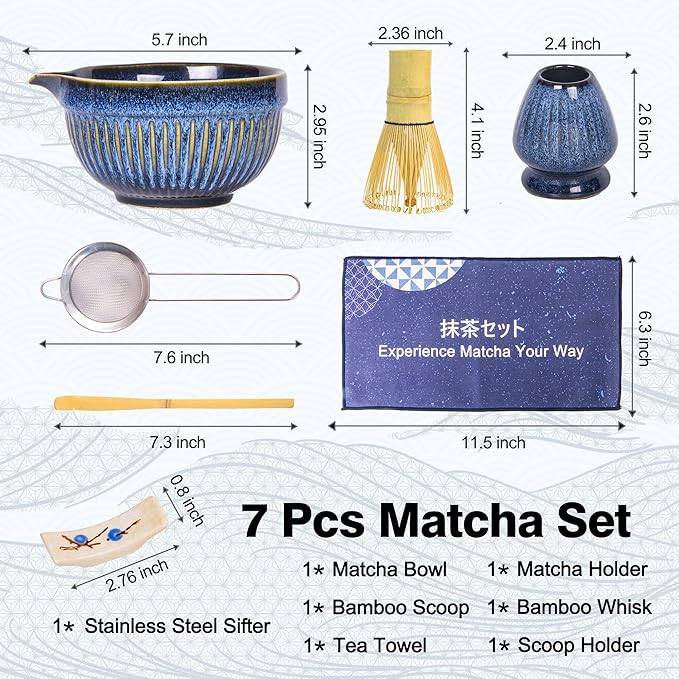 7pcs Matcha Whisk Set with 18oz Spout Bowl, Japanese Tea Ceremony Kit, Natural Bamboo Whisk Scoop, Ceramic Holder Sifter Towel, Best Gift for Beginners and Matcha Lovers