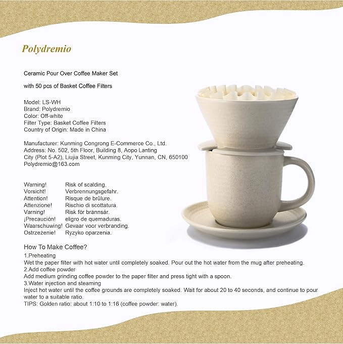 Pour Over Coffee Maker, with 50 PCS Basket Coffee Filters, 310 ml/10 oz Mug with Saucer & Coffee Dripper, Ceramic, Off-white