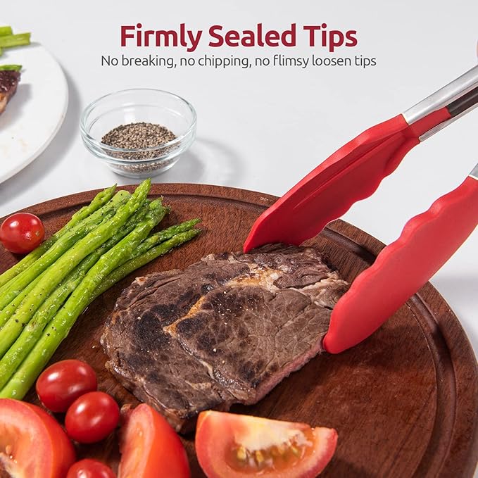 Heat Resistant Silicone Kitchen Tong: U-Taste 16 inch Extra Long Large 480ºF Hot Proof Cooking Tong with Sturdy Non Stick Rubber Tips & Non Slip Silicon Coated Steel Handle for Grilling BBQ (Red)