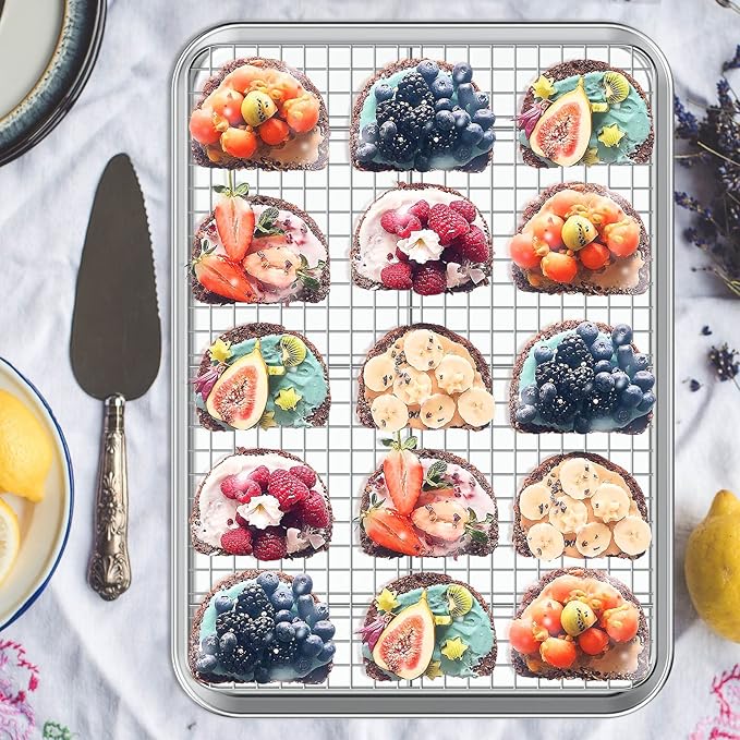 Baking Sheet with Cooling Rack Set [2 Sheets + 2 Racks], Deedro Stainless Steel Cookie Half Sheets Baking Pan Oven Tray with Rack, 17.3 x 12.3 x 1 Inch, Heavy Duty, Non-toxic, Dishwasher Safe