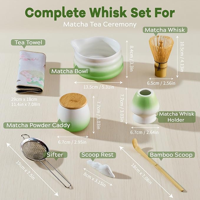 Matcha Whisk Set, Green Matcha Kit, 8 Pcs Matcha Set Includes Matcha Bowl with Spout, Matcha Whisk and Holder, Ceramic Tea Caddy, Bamboo Scoop, Scoop Rest, Sifter and Tea Towel, Gift for Tea Lover