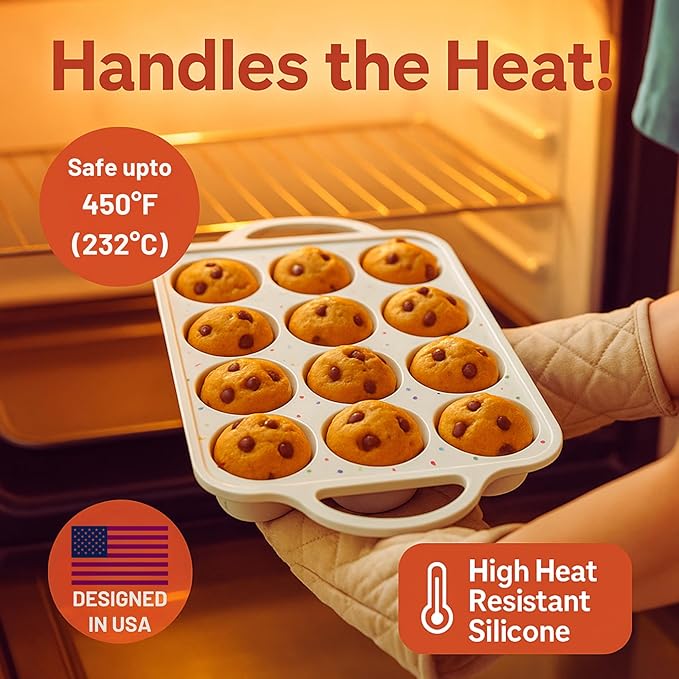 12-Cup Silicone Muffin Pan with Metal-Reinforced Handles – Nonstick, Non-Toxic Cupcake Pan for Baking – Easy-Release, BPA-Free, Dishwasher-Safe Silicone Muffin Tray - 1 PACK - CREAM