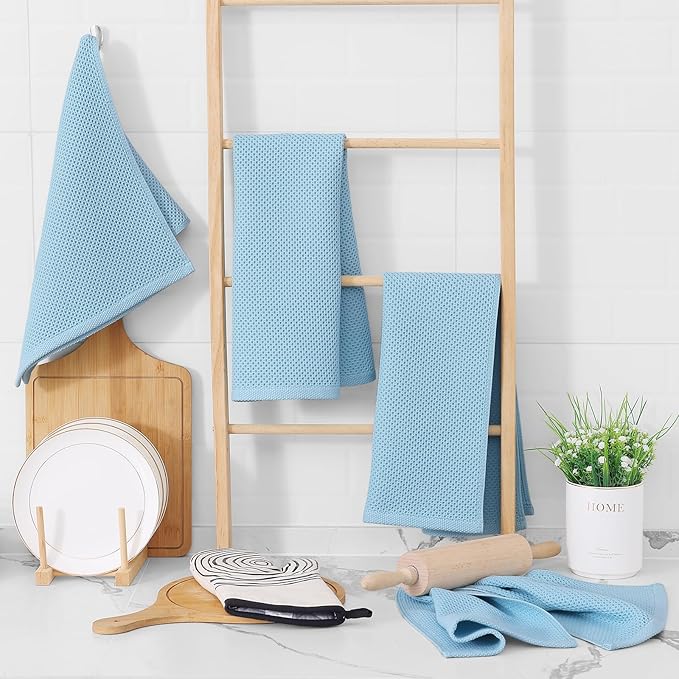Homaxy 100% Cotton Waffle Weave Kitchen Dish Towels, Ultra Soft Absorbent Quick Drying Cleaning Towel, 13 x 28 Inches, 4-Pack, Sky Blue