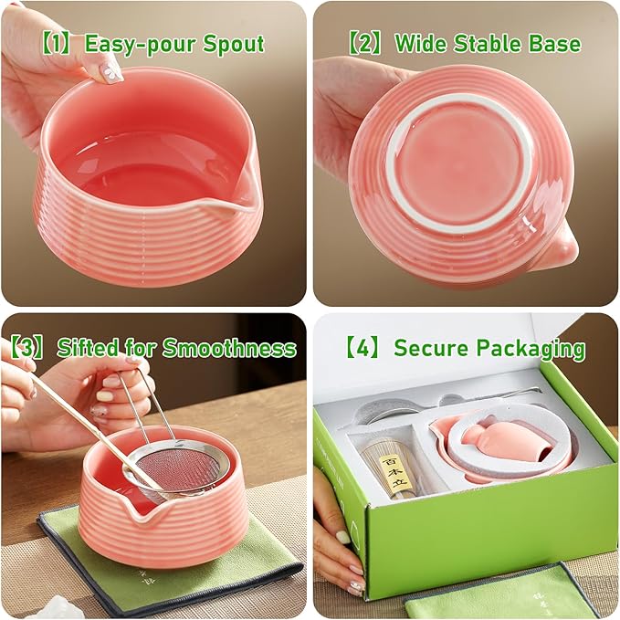 Matcha Whisk Set, Ceramic Matcha Set with Spout, Matcha Bowl Kit with Sifter, Whisk and Holder, Bamboo Scoop, Scoop Rest, Tea Towel, 7 Pcs Matcha Kit Set for Making Breakfast/Latte for Matcha Lovers